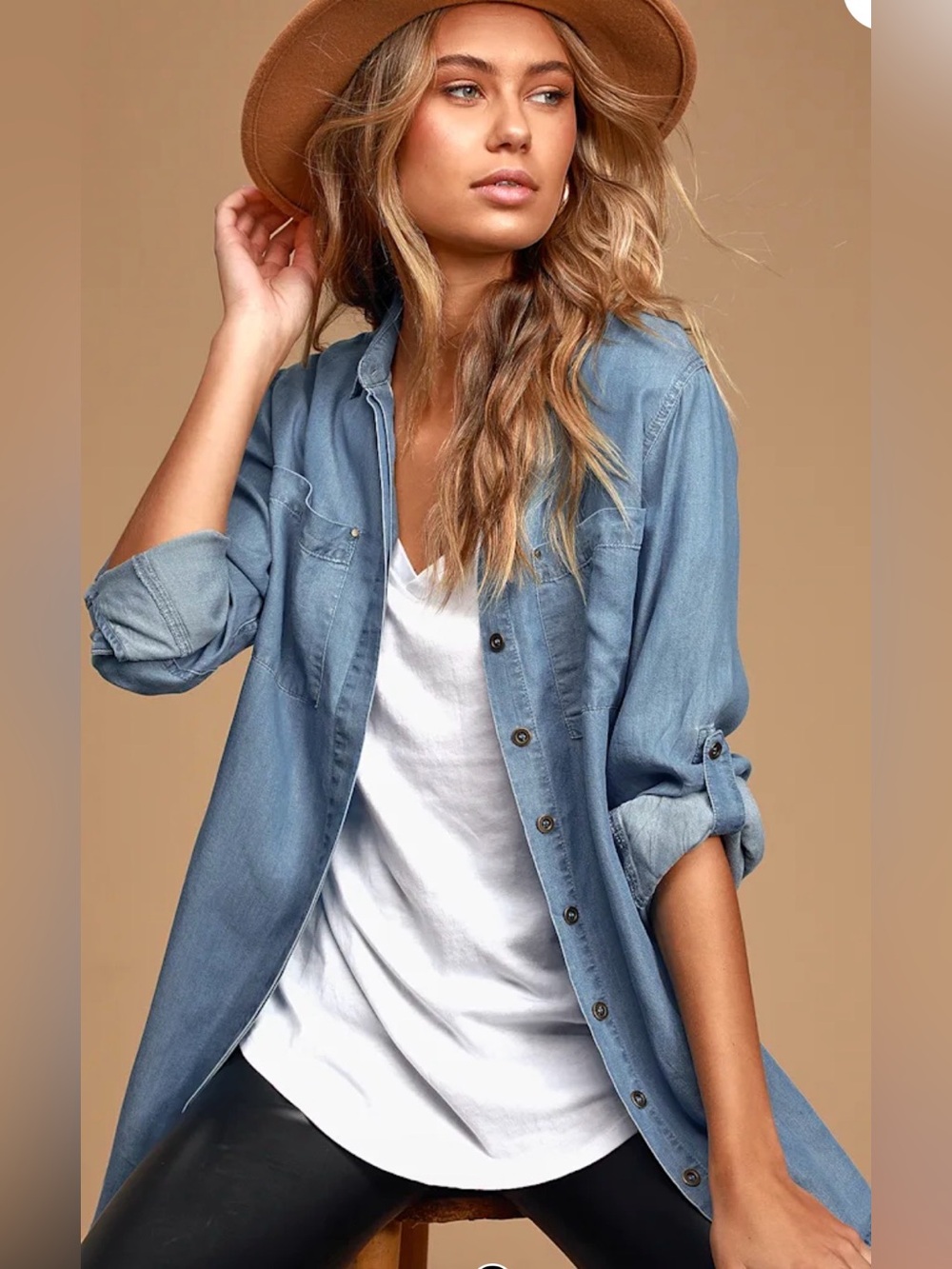 Lulus Blue Chambray Long Sleeve Lightweight Button-Up Shirt Women’s Large